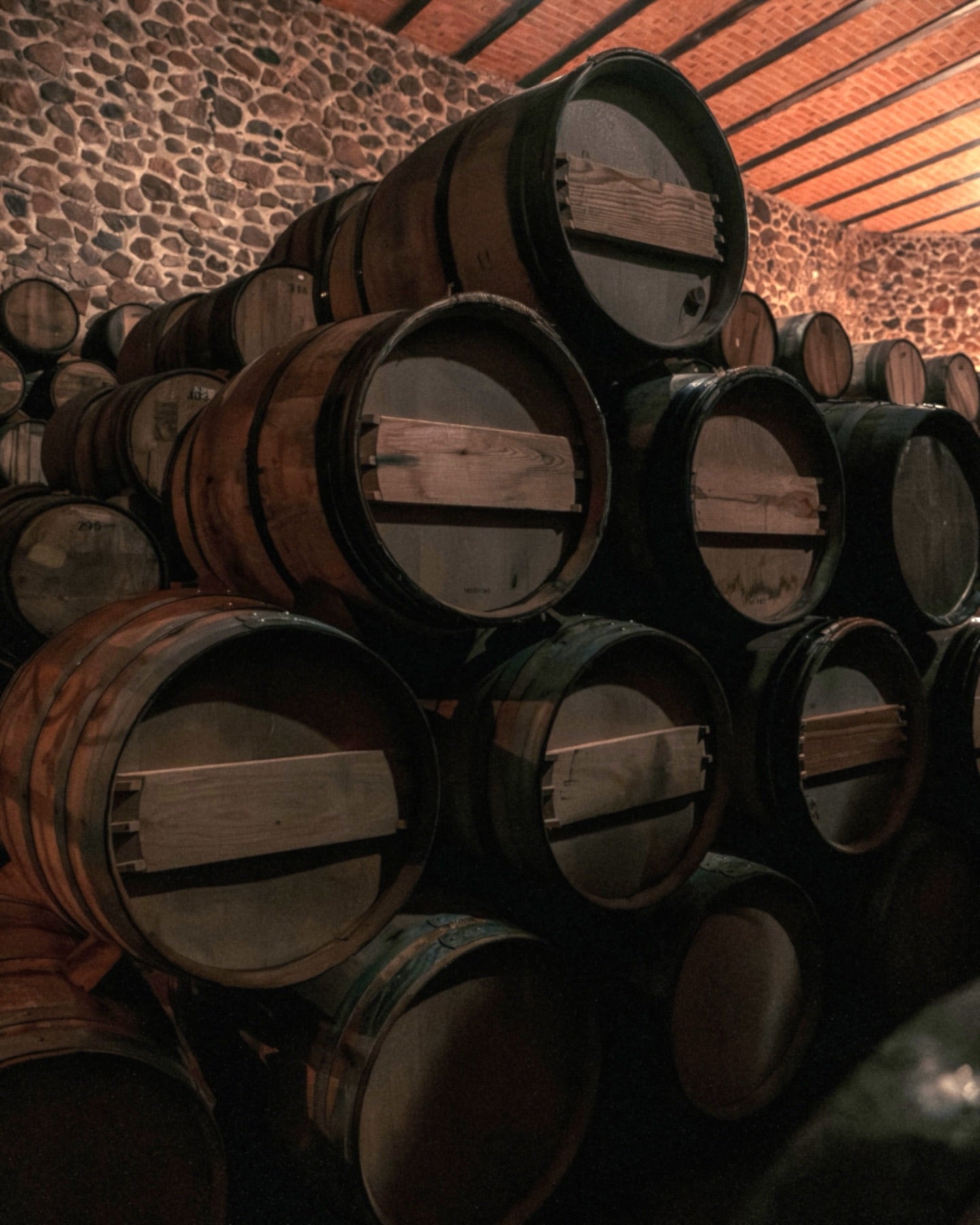 French oak casks resting in the Quetzalli cellar